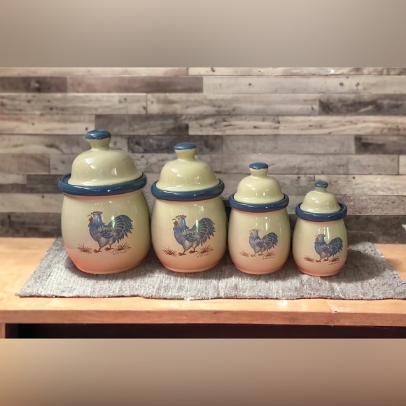 Vintage 1983 Jacaman 4pc Canister Set Blue Rooster Grey Stoneware Flawless EUC